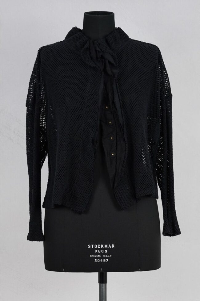 krista larson crop fishnet cardigan black abby maud face 1