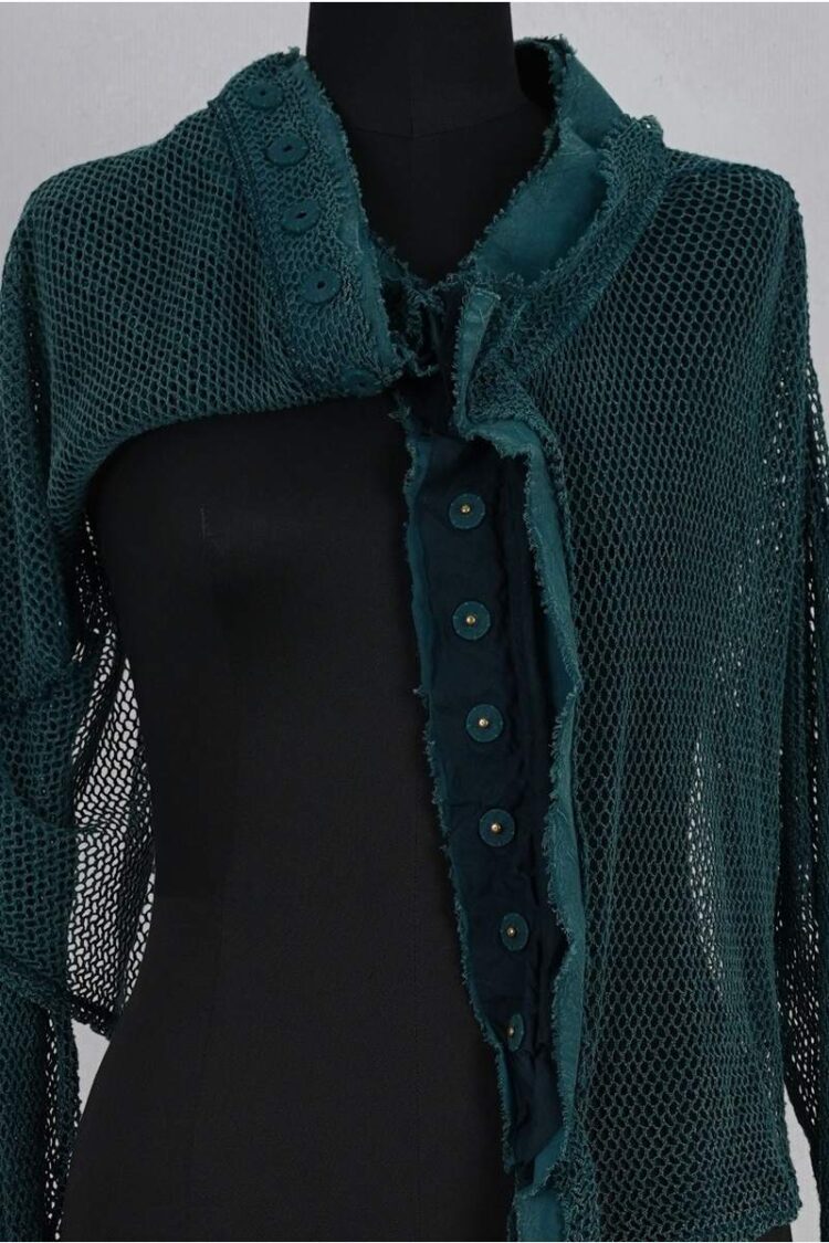 krista larson crop fishnet cardigan teal abby maud face 1 krista larson crop fishnet cardigan teal abby maud face 1